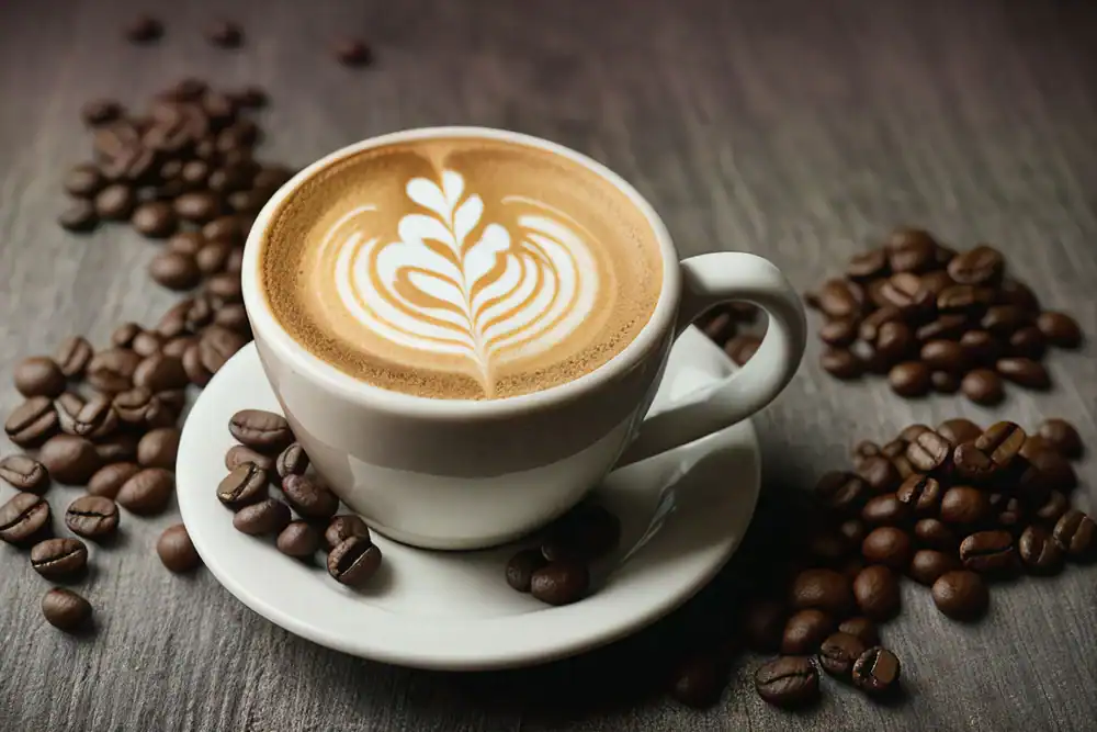 A cup of coffee with a leaf-shaped latte art design on top, placed on a white saucer at a cozy cafe NYC. Coffee beans are scattered around the cup on a wooden surface.