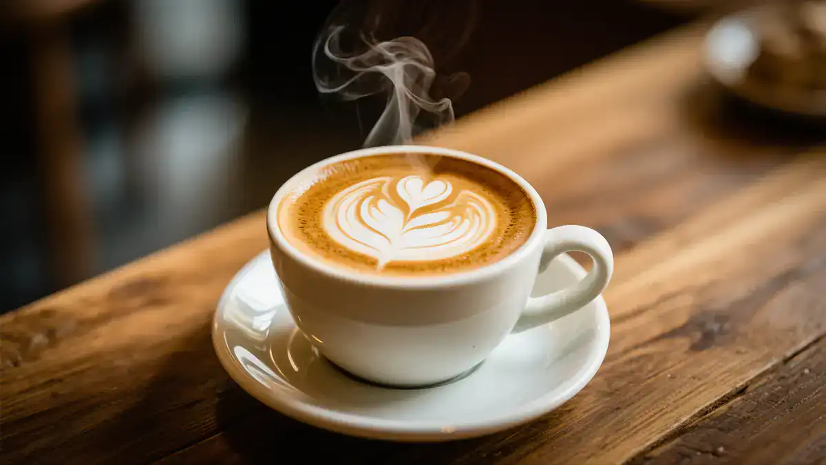 A steaming cup of latte with intricate leaf-shaped latte art on top in NYC