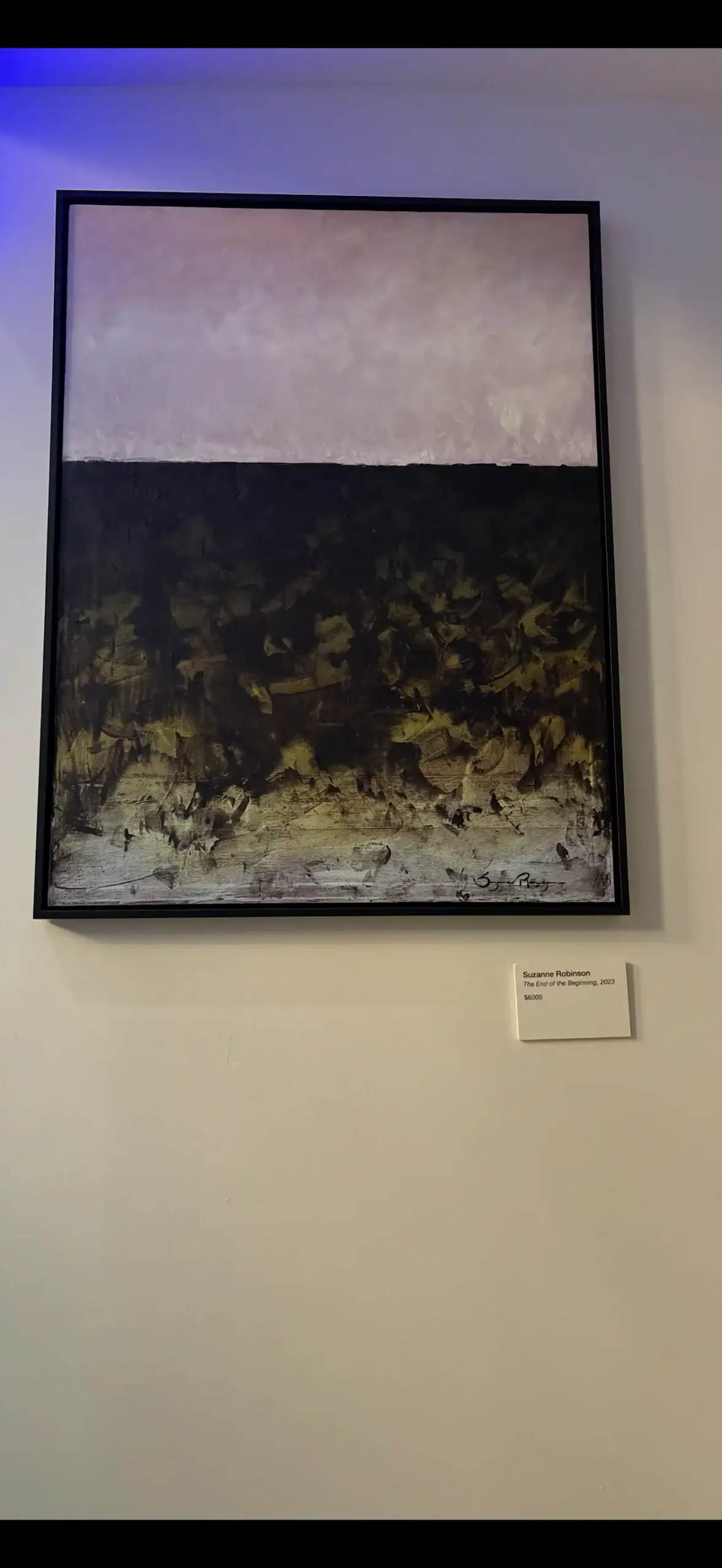 An abstract painting with moody hues and lavender decorates a wall at a NYC Wine Bar & Art Gallery.