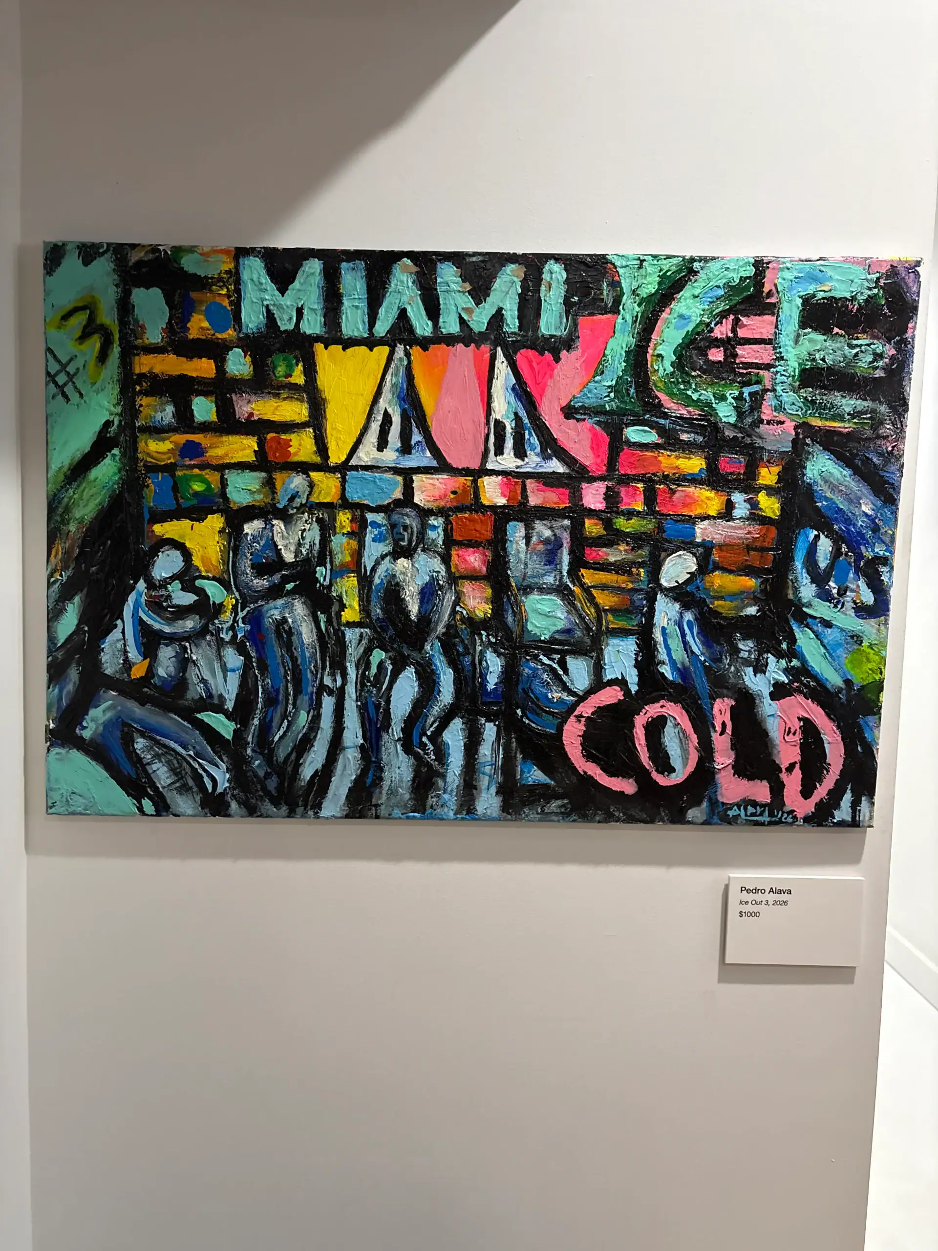 Abstract figures in a colorful painting evoke a Wine Bar & Art Gallery vibe, with MIAMI and COLD text.