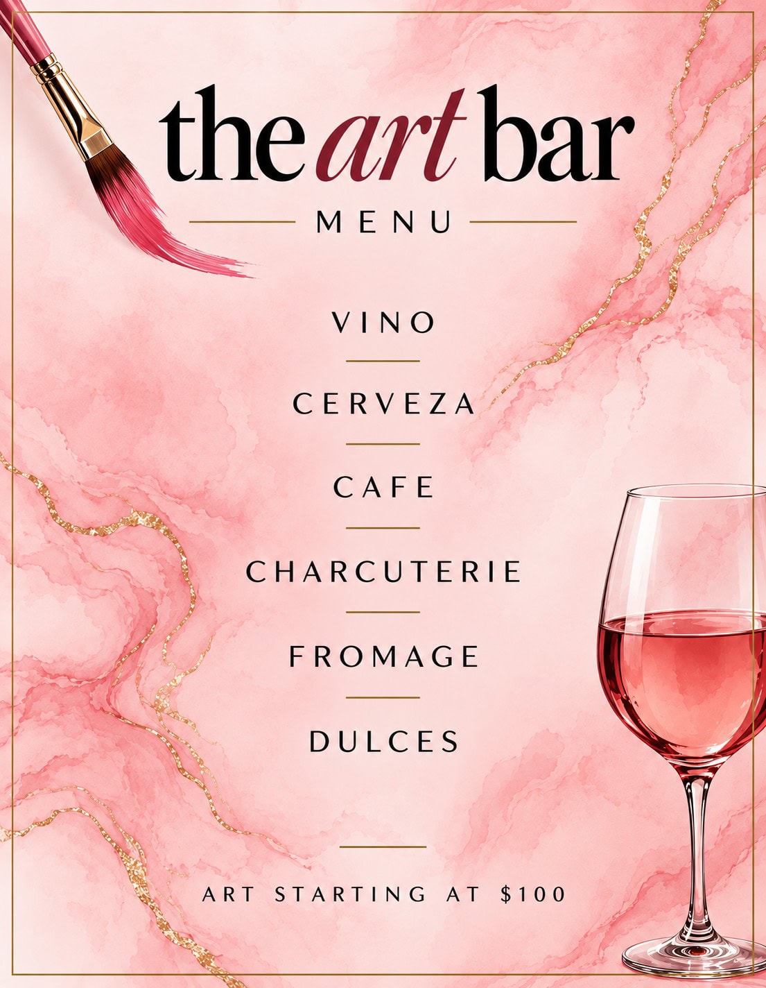 Pink marbled cafe menu featuring a wine glass, paintbrush, drinks, food, and “Art starting at $100.”
