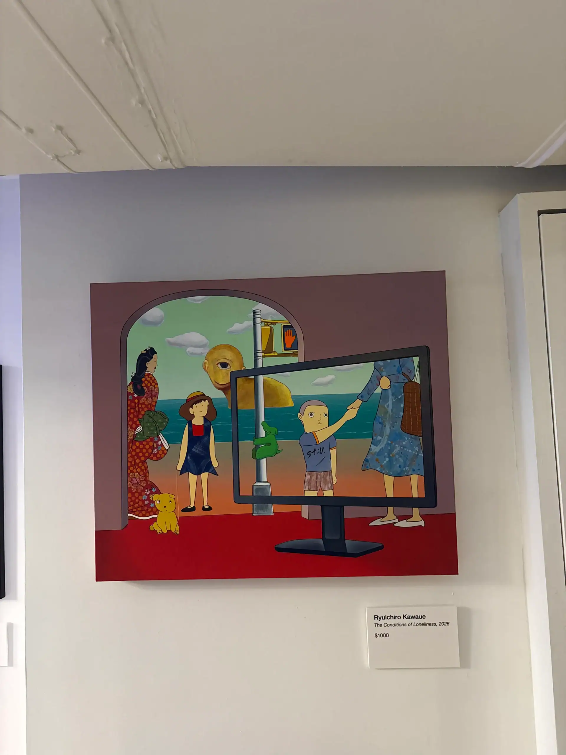 Colorful painting shows people, a dog, bird, and monitor at a lively NYC wine bar and art gallery.